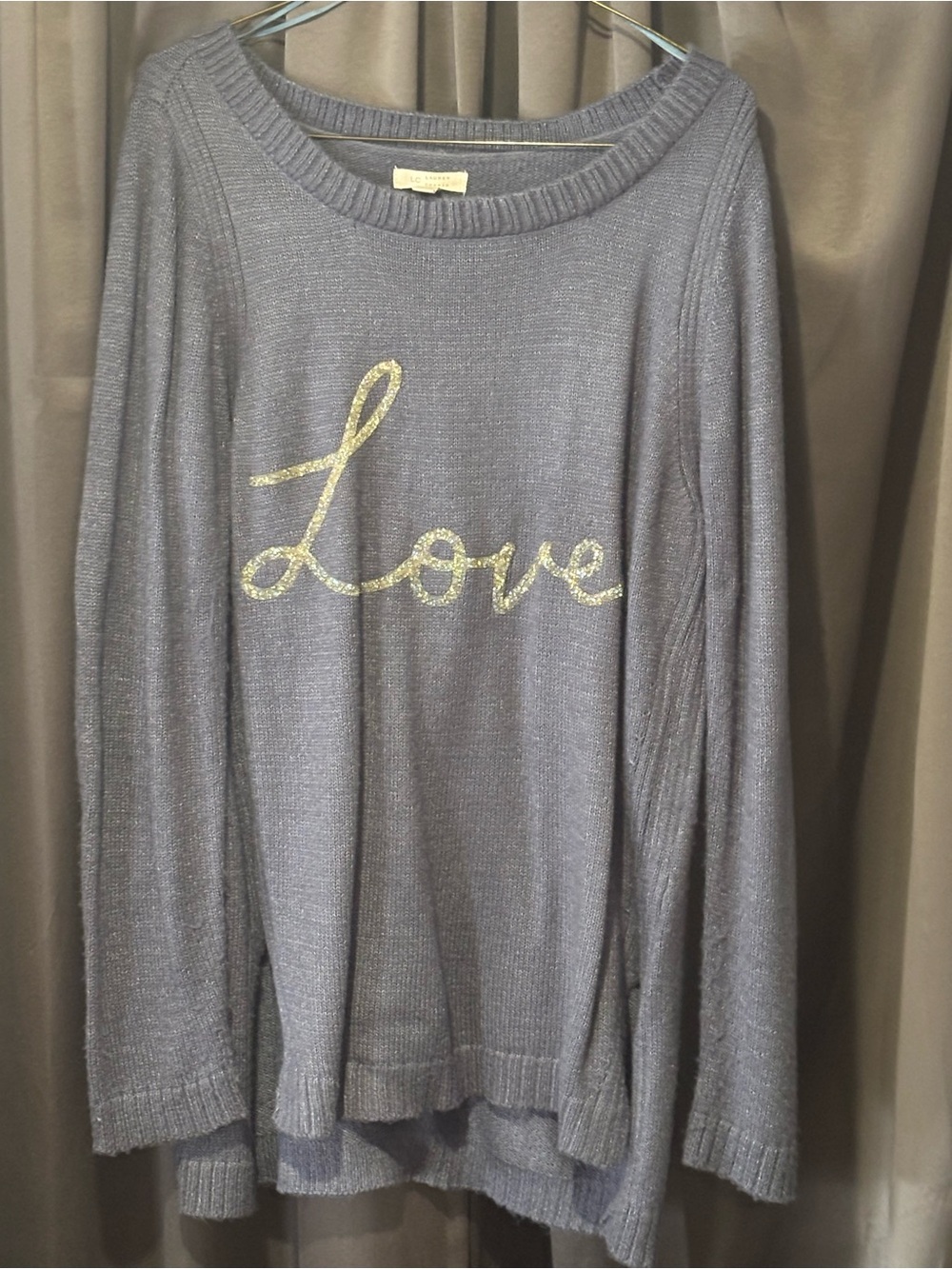 LC Lauren Conrad Gray Scoop Neck Sweater with Gold 'Love' Script